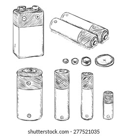 Vector Set of Sketch Batteries. Types of Batteries - 9v, C, AA, AAA, A23, Lithium Batteries.