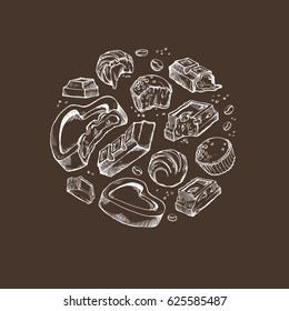 Vector set of sketch bitten chocolates. Sweet rolls, bars, glazed, cocoa beans. Isolated objects located around on a dark background