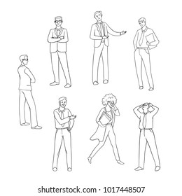 Vector set sketch black contour isolated illustration of business people. Men and women in suits in different emotions. Businessman stands pensive, pointing, worried. Businesswoman talking on phone.