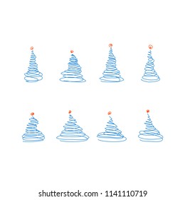 Vector set from sketch blue christmas trees with red decoration ball on the top