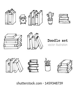Vector Set of Sketch books, Notebooks, Notepads and Diaries. Stack of books. Office stuff, student desk. Doodle stationery. Hand drawn illustration. Cartoon Design elemements for infographic. School
