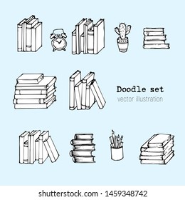 Vector Set of Sketch books, Notebooks, Notepads and Diaries. Stack of books. Office stuff, student desk. Doodle stationery. Hand drawn illustration. Cartoon Design elemements for infographic. School