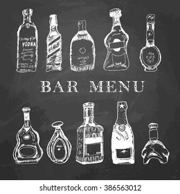 Vector Set of Sketch Bottles. Hand drawn black drinks icons set, vector illustration, Hand drawn collection on the blackboard