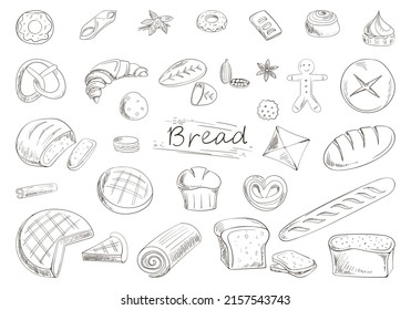 vector set of a sketch of buns and bread, various pastries. for the menu, signage and decoration of the confectionery and bakery