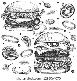 Vector set with sketch burgers and vegetables