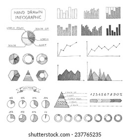 Vector set of sketch business infographic elements. Doodles hand-drawn pencil elements isolated on white background.