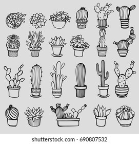 Vector set of sketch cactus