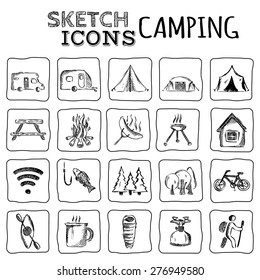 Vector set of sketch camping icons. Hand-drawn design elements isolated on white background.