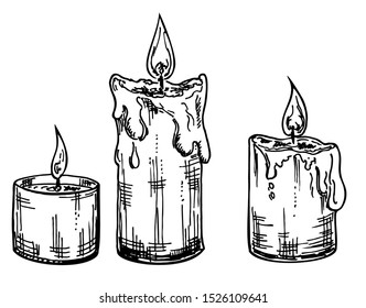 Vector set of sketch Candles. Burning candles, wax candles are melted. 