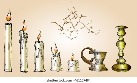  Vector Set of Sketch Candles, Collection old gold candlestick, crack.  Hand drawn illustration, Process of Candle Burning in color, isolated 
