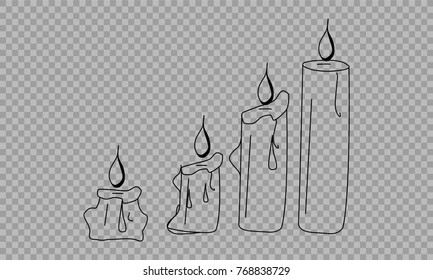 Vector Set of Sketch Candles. Process of Candle Burning. on a transparent background.