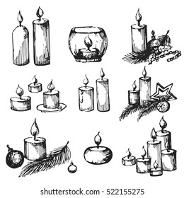 Vector set of sketch candles,christmas candles.