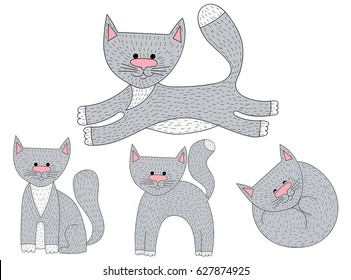 Vector set of sketch cat characters in different poses. Cartoon smiling cats.