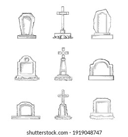 Vector set of sketch Cemetery stone tombstones