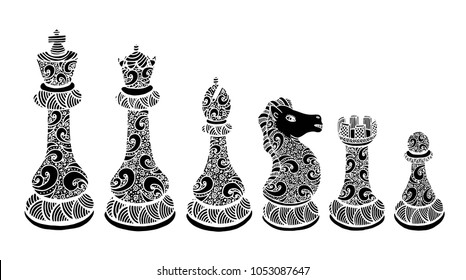 Vector Set of Sketch Chess Figures - King, Queen, Bishop, Knight, Rook, Pawn.