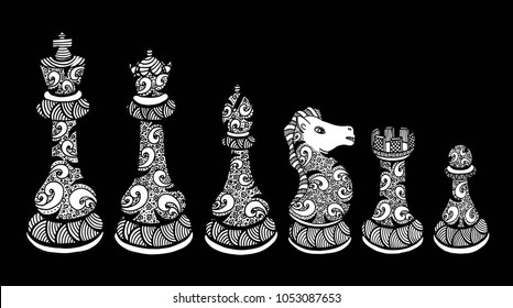 Vector Set of Sketch Chess Figures - King, Queen, Bishop, Knight, Rook, Pawn.