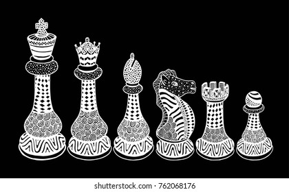 Vector Set of Sketch Chess Figures - King, Queen, Bishop, Knight, Rook, Pawn.