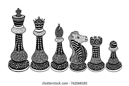 Vector Set of Sketch Chess Figures - King, Queen, Bishop, Knight, Rook, Pawn.