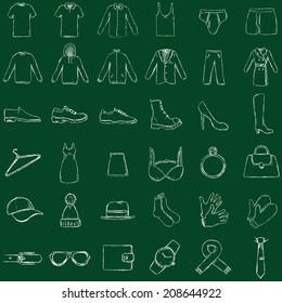 Vector Set of Sketch Clothes Icons. Chalk on a Blackboard.