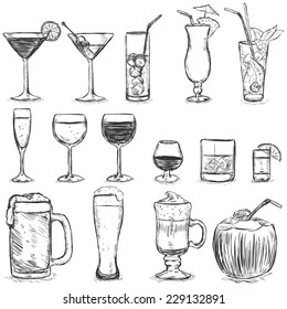 Vector Set of Sketch Cocktails and Alcohol Drinks