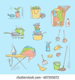 Vector set sketch color illustration on a blue background of objects and situations domestic work. Unwashed dishes and not ironed linen, items and accessories for cleaning, buy food and cooking