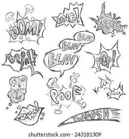 Vector Set of Sketch Comics Phrases and Effects. Boom, Bang, Splash, Boo ya, Blah-blah-blah, Pop, Z-z-z, Smack, Poof, Knock Knock, Swoosh.