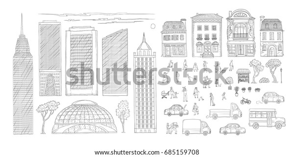 Vector set sketch contour doodle illustration\
urban street in the historic European city, truck and cars. Kit of\
outdoor plants and flowers, children and adult characters,\
skyscrapers in the\
megacity.