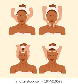 Vector set of sketch cosmetic procedures, facials, facial massage, relaxation, mask on a pastel background. Realistic illustrations in flat design.