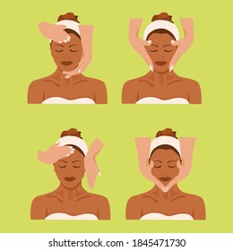 Vector set of sketch cosmetic procedures, facials, facial massage, relaxation, mask on a pastel background. Realistic illustrations in flat design.