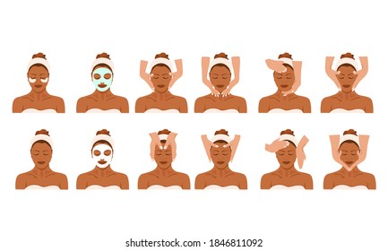 Vector set of sketch cosmetic procedures, facials, facial massage, relaxation, mask on a white isolated background. Realistic illustrations in flat design.