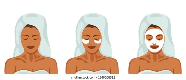 Vector set of sketch cosmetic procedures, facials, facial massage, relaxation, mask in flat design, cartoon on white isolated background. 