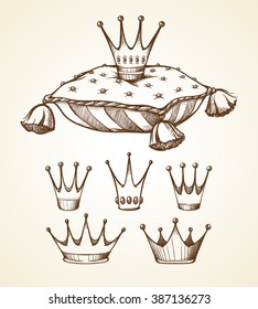 Vector Set Sketch Crown Illustrations.Vintage Princess King Crowns. Hand Drawn Doodle Crown