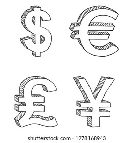 Vector Set of Sketch Currency Signs. US Dollar, Euro, Turkish Lira and Japanese Yen.