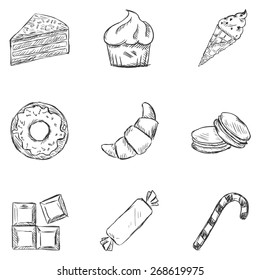 Vector Set of Sketch Dessert Icons. Sweet-Stuff. Confection. Cake, Brownie, Ice Cream, Doughnut, Croissant, Macaroni, Chocolate, Candy, Candy Cane.