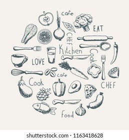 Vector set of sketch drawing food. kitchen elements and cooking tools. Fruits and vegetables