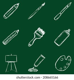 Vector Set of Sketch Drawing Icons. Chalk on a Blackboard.