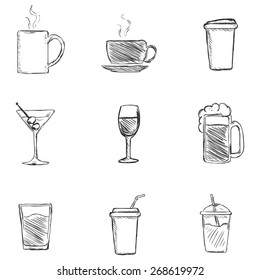 Vector Set of Sketch Drinks Icons. Tea, Coffee, Alcohol, Martini, Wine, Beer, Mineral Water, Fizzy Water, Smoothie, Cocktail.