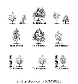 Vector set of sketch elements for design. Labels, tags or signs with grunge illustration of trees. Jewish theme Tu bshevat, tu bi shvat, means New Year of the trees. Black color