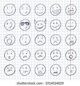 Vector Set of Sketch Emoticons on Checkered Background