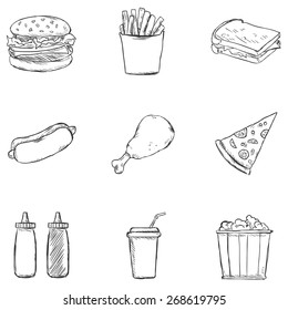 Vector Set of Sketch Fast Food Icons. Fast Food. Junk Food. Hamburger, French Fries, Sandwich, Hot Dog, Chicken, Sauces, Beverage, Popcorn.