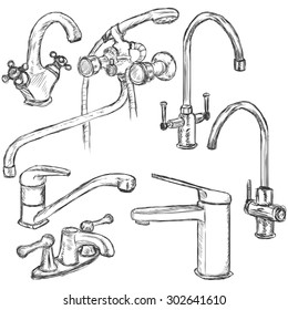 Vector Set of Sketch Faucets. Types of Faucets.