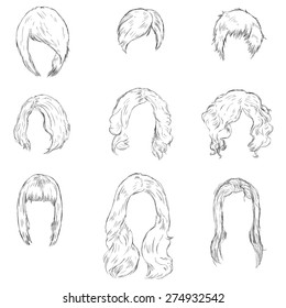 Vector Set of Sketch Female Hairdress. Types of Women Hairstyles.