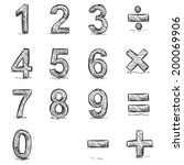 Vector Set of Sketch Figures. 1, 2, 3, 4, 5, 6, 7, 8, 9, 0. Mathematical sings - addition, subtraction, division, multiplication, equality.