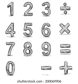 Vector Set of Sketch Figures. 1, 2, 3, 4, 5, 6, 7, 8, 9, 0. Mathematical sings - addition, subtraction, division, multiplication, equality.