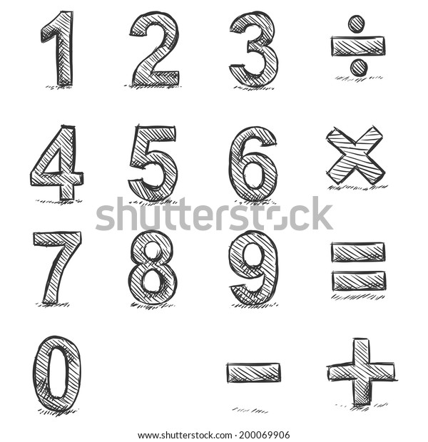 Vector Set of Sketch Figures. 1, 2, 3, 4, 5, 6,\
7, 8, 9, 0. Mathematical sings - addition, subtraction, division,\
multiplication,\
equality.