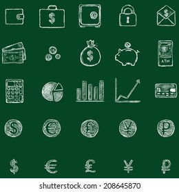  Vector Set of Sketch Finance Icons. Chalk on a Blackboard.