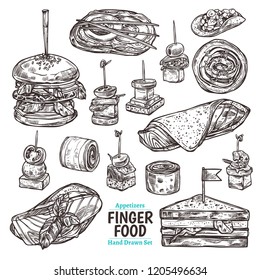 Vector set of sketch finger food. Different kind of snacks, appetizer, canapes, seafood. Hand drawn collection of illustrations for café, restaurant or menu