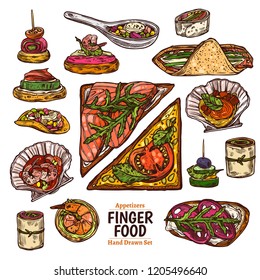 Vector set of sketch finger food. Different kind of snacks, appetizer, canapes, seafood. Hand drawn colorful illustration for café, restaurant or menu