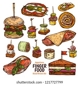 Vector set of sketch finger food. Different kind of snacks, appetizer, canapes, seafood. Hand drawn colorful collection of illustrations for café, restaurant or menu