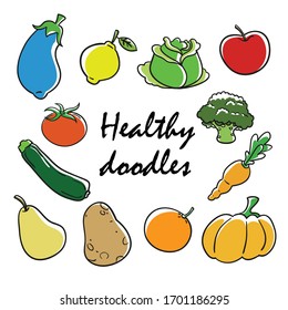 vector set of sketch fruit and vegetables isolated on white background
